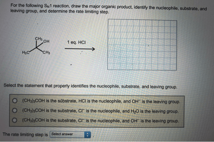 Reaction sn1 organic draw following inorganic identify nucleophile substrate leaving group limiting determine rate step chegg stereochemistry question ignore solved